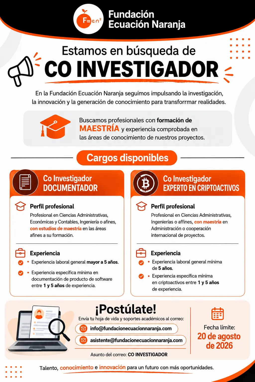 Convocatoria abierta para co-investigador. El correo electrónico para el envío de la hoja de vida aparece en la imagen.