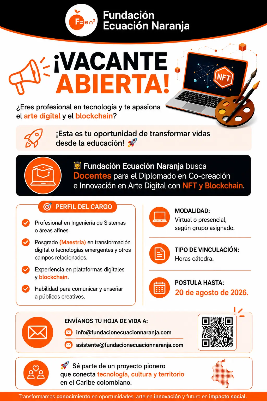 Convocatoria abierta para docente. El correo electrónico para el envío de la hoja de vida aparece en la imagen.